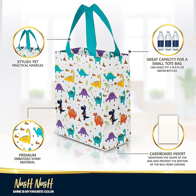 Nush Nush Dinosaur Gift Bag Medium Size – Set of 12 Dinosaur Goodie Bag With Handles, Reusable Gift Bags for Kids - For Dino Party Favors, Party Favor Bags for Kids Birthday - 8"x4"x 10" Size