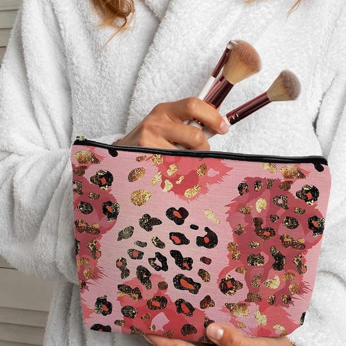 Gold and Pink Leopard Print Makeup Bag, Preppy Girly Cosmetic Bags Gifts for Women, Funky Y2k Cheetah Print Portable Travel Toiletry Bag Zipper Makeup Pouch