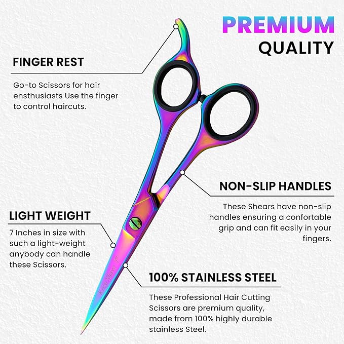 Professional Hair Cutting Scissors - Krisp Beauty Barber Scissors Stainless Steel 7” Salon Hair Scissors Razor Edge Sharp Blades Shears for Men Beard Mustache Women Kids Pets Haircut All Purpose Shear