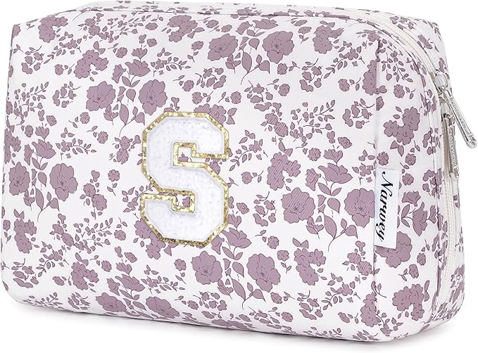 Narwey Birthday Gifts for Teen Girls Kids Women Personalized Initial Floral Makeup Bag Cute Cosmetic Trendy Stuff 6 8 10 11 12 13 14 16 18 Years Old Travel Toiletry Bag (Little Dusty Pink Flower S)