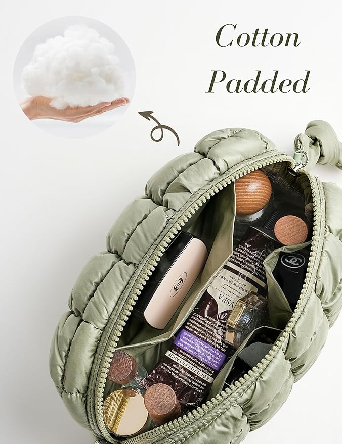 Yarnic Quilted Makeup Bag Cosmetic Bag, Travel Toiletry Bag for Women, Cute Makeup Bag Organizer Puffer Makeup Pouch (M, Sage Green)