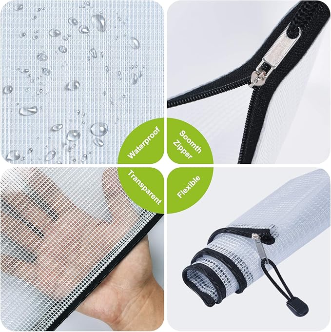 12 Pcs Plastic Mesh Pencil Pouch, Waterproof Tear-Resistant Document File Folders, Zipper Documents Pouch Document Organizer Bags for School Office Business Home Travel Storage(9.25×4.25Inch)