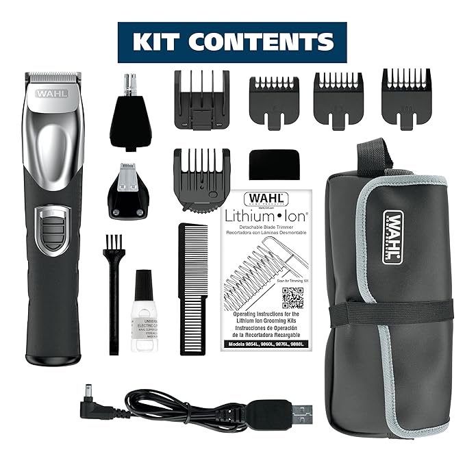 Wahl USA Rechargeable Lithium Ion All in One Beard Trimmer for Men with Detail and Ear & Nose Hair Trimmer Attachment – Model 9854-600B
