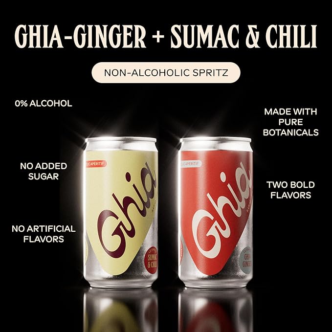 Ghia Non-Alcoholic Le Spritz | Ghia-Ginger and Sumac & Chili Combo 8-Pack | Canned Mocktail & Cocktail Mixer, Zero Proof Sparkling Apéritif with Soothing Herbal Extracts | No Sugar, Caffeine-Free