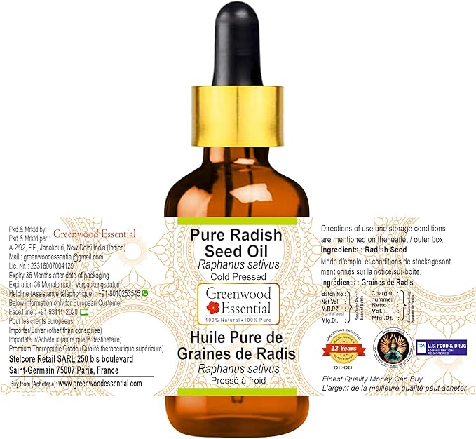 Greenwood Essential Pure Radish Seed Oil (Raphanus sativus) with Glass Dropper Cold Pressed 100ml (3.38 oz)