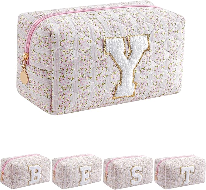 JOVAKIT Alphabet Makeup Bag Cosmetic Bag for Women, Christmas Gifts for Girls Age 6-18, Floral Flowers Coquette Travel Toiletry Zipper Make Up Pouch Organizer Trendy Stuff (Pink Floral Y)