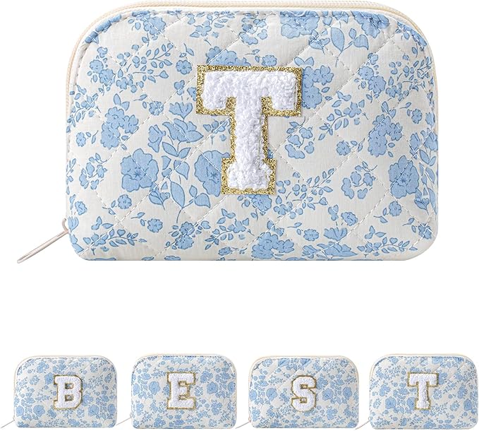 JOVAKIT Conch Alphabet Makeup Bag Cosmetic Bag for Women, Christmas Gifts for Women Girls, Blue Floral Coquette Travel Bag, Zipper Make Up Pouch Organizer Trendy Stuff (Blue Floral T)