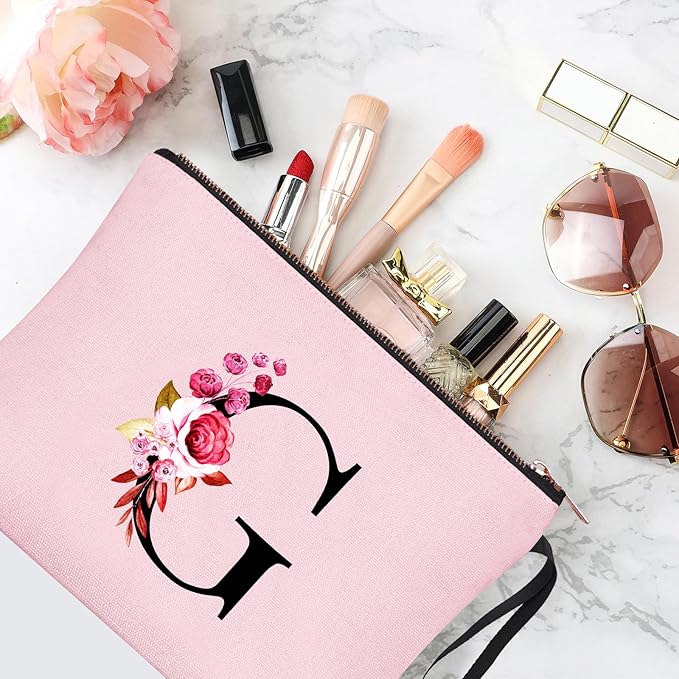 Vavabox A-Z Personalized Makeup Bag, Birthday Gifts for Women Mom, Gifts for Best Friend, Bride Bridesmaid Cosmetic bag (G, Pink)