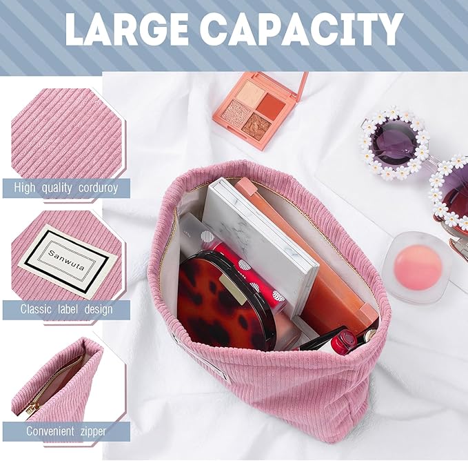 Sanwuta 4 Pack Velvet Makeup Bag Cosmetic Bag for Women Large Capacity Corduroy Pouch Zipper Canvas Travel Toiletry Purse Make up Organizer Case Accessories (Light Color,Plaid)