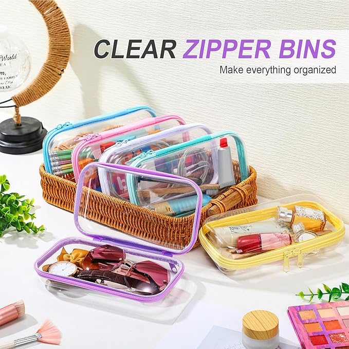 Sanwuta 6 Pcs Clear Hard Zipper Case Hard Plastic Zipper Pouches Makeup Bag Pencil Pouches Transparent Cases for Snacks Plastic Storage Organizer Box for Travel(Colorful,7.48 x 3.94 x 2 Inch)