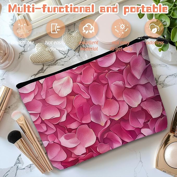 Cosmetic Bags Travel Makeup Toilet Case Waterproof Pouch for Women Girls 6.7X9.45inches - Pink Petals in A Layered Composition