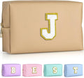 TOPEAST Birthday Gifts for Girls, Travel Makeup Bag Chenille Letter Pouch Cosmetic Bag, Makeup Travel Organizer, Monogrammed Bridesmaid Gifts for Women, Cute Stuff for Girls (Khaki J)