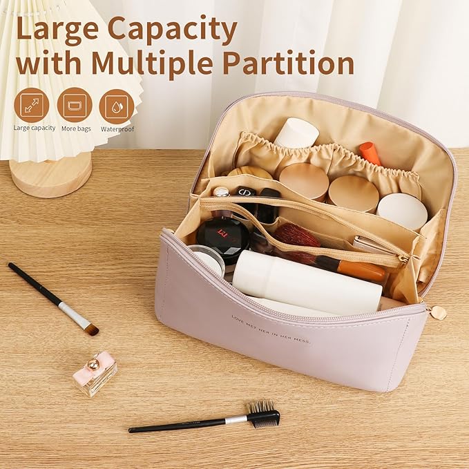 Travel Makeup Bag, Large Capacity Cosmetic Organizer Bags for Women, Waterproof PU Leather Toiletry Bags, Wide Open Flat Makeup Case with Divider and Handle