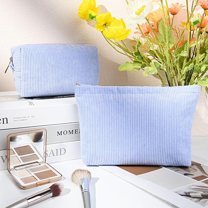 SOIDRAM 2 Pcs Corduroy Makeup Bag Large Cosmetic Bag Toiletry Bag Makeup Pouch Travel Bag Organizer Cute Makeup Brushes Aesthetic Accessories Storage Bag for Women Blue