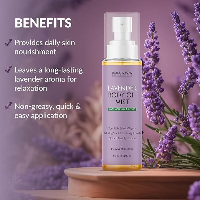 Majestic Pure Lavender Oil Body Mist- 100% Pure & Natural - After Shower Body Oils for Women and Men - Scented, Radiant, Skin Therapy Firming Massage Oil - 6.8 Fl Oz