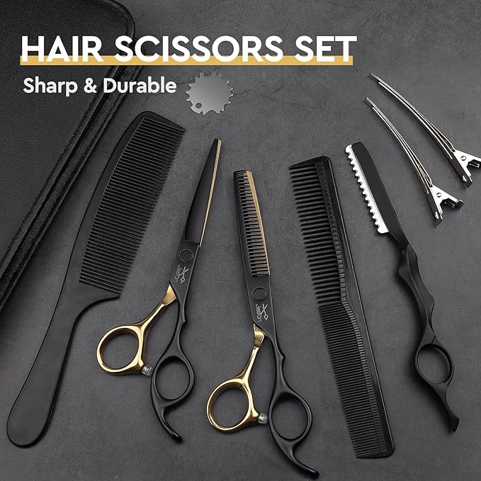 JASON Professional 10-Piece Haircut Scissors Set - 6.5" Thinning/Texturizing Scissors, Straight Shears for Men, Women & Home Salon (30 Teeth, Black & Gold)