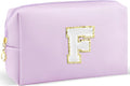 Gifts for Girls Initial Makeup Bag Personalized Cosmetic Bag with Zipper Cute Travel Toiletry Bag Waterproof PU Preppy Makeup Pouch Birthday Gift for Teen Girls Women(Purple F)