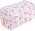Makeup Bag Travel Toiletry Bag for Women, Small Cosmetic Bags Cute Quilted Cotton Makeup Pouch for Purse Emergency Bag for School Floral Pencil Case Accessory Bag, Ribbon Bow