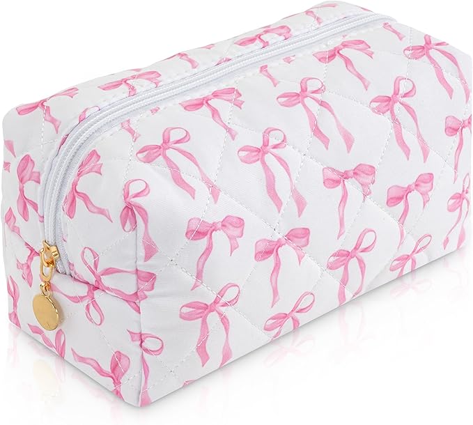 Makeup Bag Travel Toiletry Bag for Women, Small Cosmetic Bags Cute Quilted Cotton Makeup Pouch for Purse Emergency Bag for School Floral Pencil Case Accessory Bag, Ribbon Bow