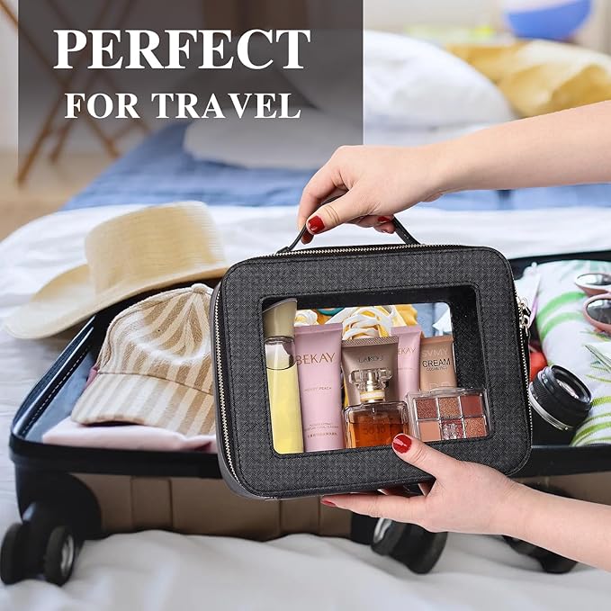 Pinkmik Clear Makeup Bag with Brush Bag 3pcs Waterproof Travel Case for Cosmetics and Toiletries Women's Makeup Organizer with Zipper (Black, L+M+SLIM)