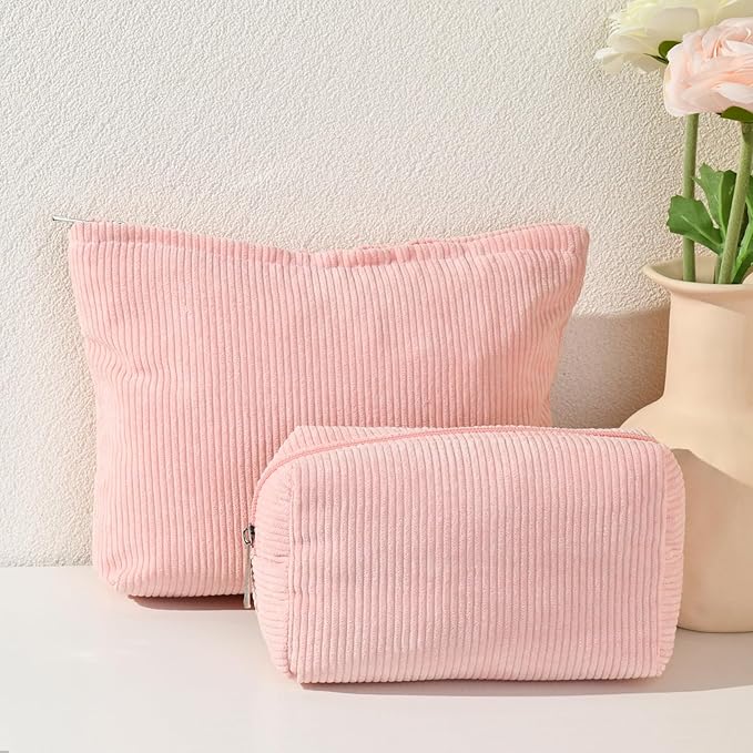 SOIDRAM 2 Pieces Makeup Bag Large Corduroy Cosmetic Bag Capacity Canvas Mix Travel Toiletry Bag Organizer Cute Makeup Brushes Aesthetic Accessories Storage Bag for Women, Corduroy Mix Pink