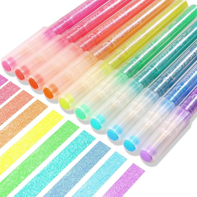 Glitter Highlighters Assorted Colors, 10-Count Chisel Tip Sparkle Highlighters, No Bleed Pastel Highlighter Markers for Kids Adult Coloring Book Bible Journaling
