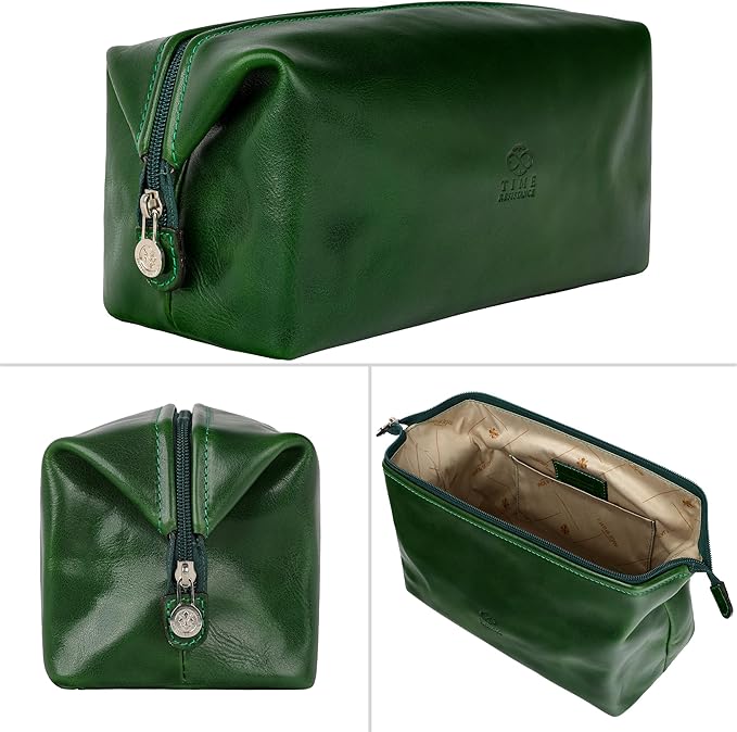 Time Resistance Leather Toiletry Bag Cosmetic Case Italian Classy Dopp Kit