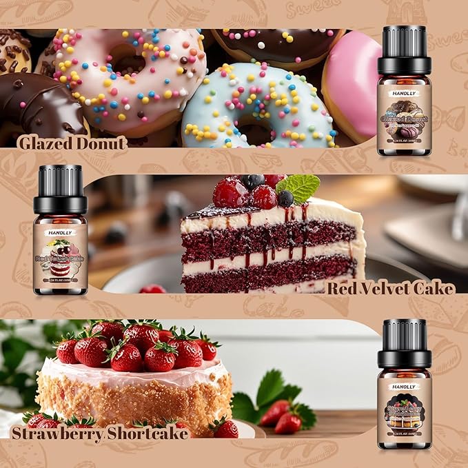 Bakery Essential Oils Set，Premium Fragrance Oil for Diffusers, Scented Oils for Soap & Candle Making, Pumpkin Pie, Apple Pie, S'Mores, Red Velvet Cake, Strawberry Shortcake,Glazed Donut