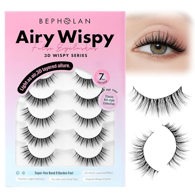 Bepholan False Eyelashes 5-13mm 7 Pairs Eyelashes Natural Look Wispy Lashes Strip Reusable Thin Clear Band & Soft Fake Lashes Easy to Apply (W08)