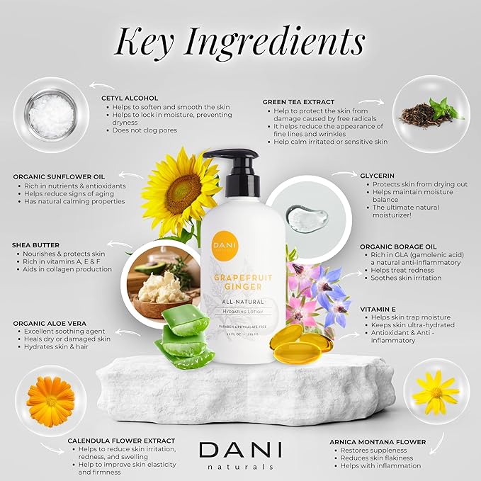 DANI Naturals Hand & Body Lotion - Grapefruit Ginger, Hydrating Lotion with Aloe Vera, Vitamin E & Shea Butter, Moisturizing for All Skin Types, Paraben-Free, 12 Oz