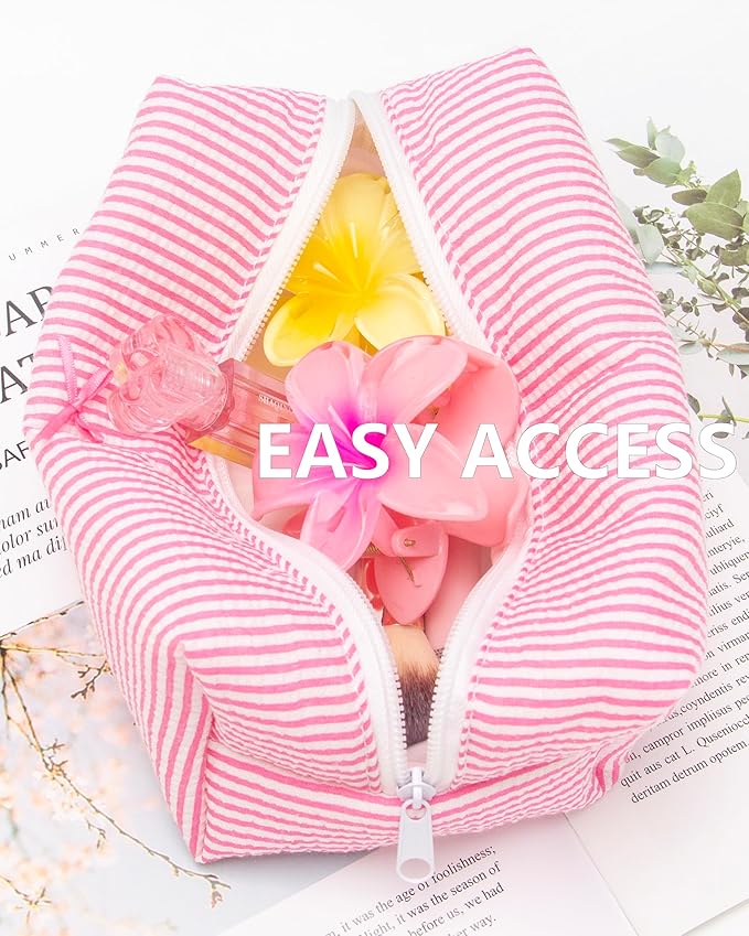 PAZIMIIK 6PCS Cozy Makeup Bag Small Aesthetic Travel Zipper Cosmetic Pouch for Women Make Up Beauty Accessories Brushes, Stripe Hotpink