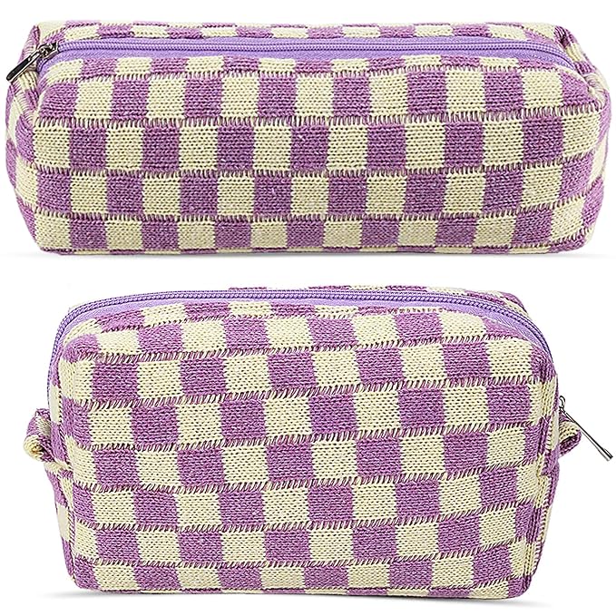 2Pcs Checkered Pencil Case Cute Pencil Pouch for Teens Checkered Makeup Bag Travel Cosmetic Bag Set Cute Makeup Pouch for Purse Portable Zippered Skincare Bags Preppy Toiletry Bags Organizer(Purple)
