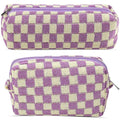 2Pcs Checkered Pencil Case Cute Pencil Pouch for Teens Checkered Makeup Bag Travel Cosmetic Bag Set Cute Makeup Pouch for Purse Portable Zippered Skincare Bags Preppy Toiletry Bags Organizer(Purple)