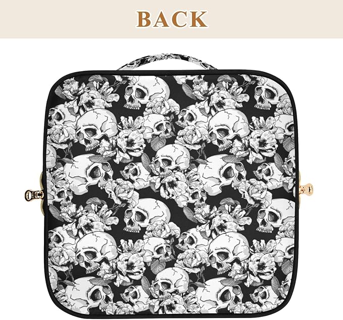 Makeup Organizer Bag, Skull and Flowers Travel Makeup Bags Makeup Vanity Case Large Capacity Rhombus Cosmetic Toiletry Bag for Girl Women Ladies
