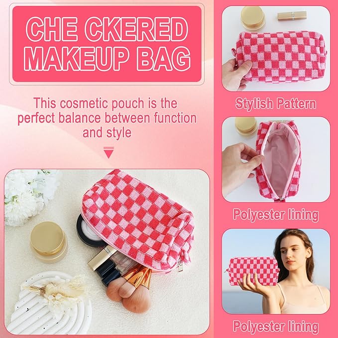 ZLFSRQ 6Pcs Checkered Pencil Case Cute Pencil Pouch for Teens Checkered Makeup Bag Pink Medium Travel Cosmetic Bag Makeup Pouch for Purse Aesthetic Trendy Zipper Toiletry Bags Organizer