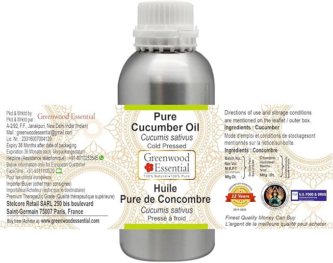 Greenwood Essential Pure Cucumber Oil (Cucumis sativus) Cold Pressed 1250ml (42 oz)