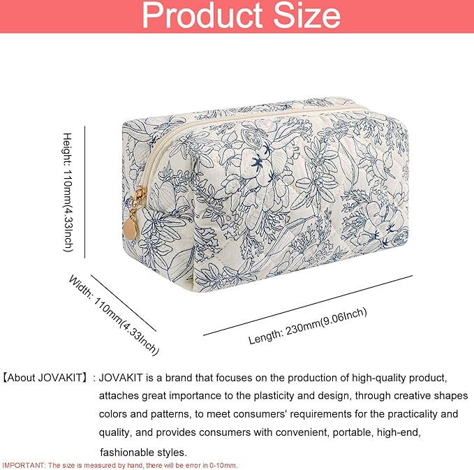 JOVAKIT Square Makeup Bag Cute Cosmetic Bag for Women, Floral Coquette Aesthetic Toiletry Bag, Zipper Make Up Pouch, Travel Make Up Organizer Bag (Navy Blue Flower)
