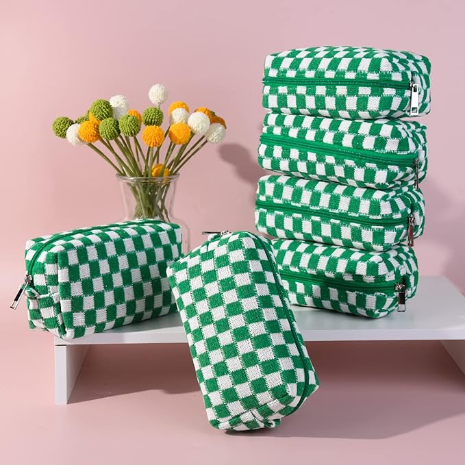 SOIDRAM Checkered Makeup Bag Preppy Cosmetic Bag Bulk Green Makeup Pouch Personalize Travel Toiletry Bag Organizer Cute DIY Makeup Brushes Storage Bag for Women