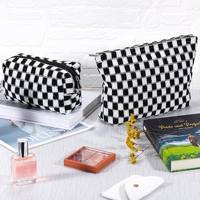 ZLFSRQ 2Pcs Checkered Makeup Bag for Women Large Small Checkered Cosmetic Bag Set Aesthetic Preppy Pencil Case Cute Pencil Pouch Black Makeup Pouch for Purse Travel Toiletry Bags Zipper Skincare Bags