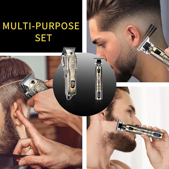 Professional Hair Clipper Set, Digital Display Trimmer Kit with Accessories, Barber Case and Cape, Vintage Design