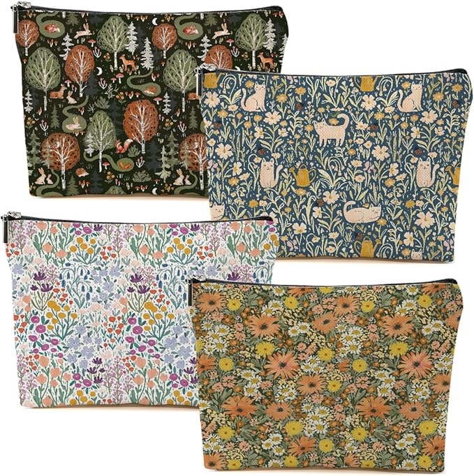 4 Packs Retro Flowers Makeup Bag Garden Cat Forest Animals Cosmetic Bag Friendship Gifts for Women Girls Sister Mom Botanical Travel Organizer Zipper Pouch Christmas Thanksgiving Birthday Gifts