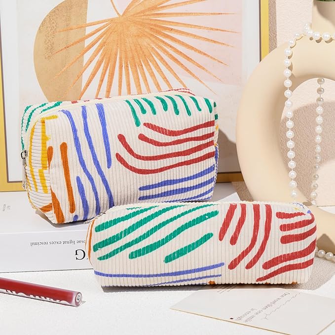 SOIDRAM Corduroy Cosmetic Bag - Large Capacity Makeup Pouch with Stripe Pattern and Makeup Brush Storage - Travel Toiletry Bag Organizer