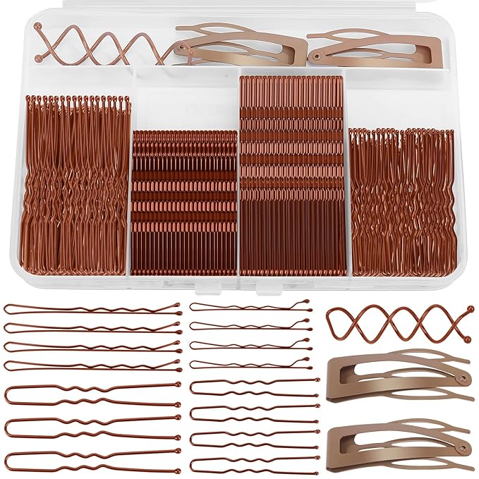 Bobby Pins Set Brown – Hair Kit with U Shape Pins, Spiral Pin & Snap Clips, for Women & Girls, Ideal for Buns, Updos, Weddings & Parties