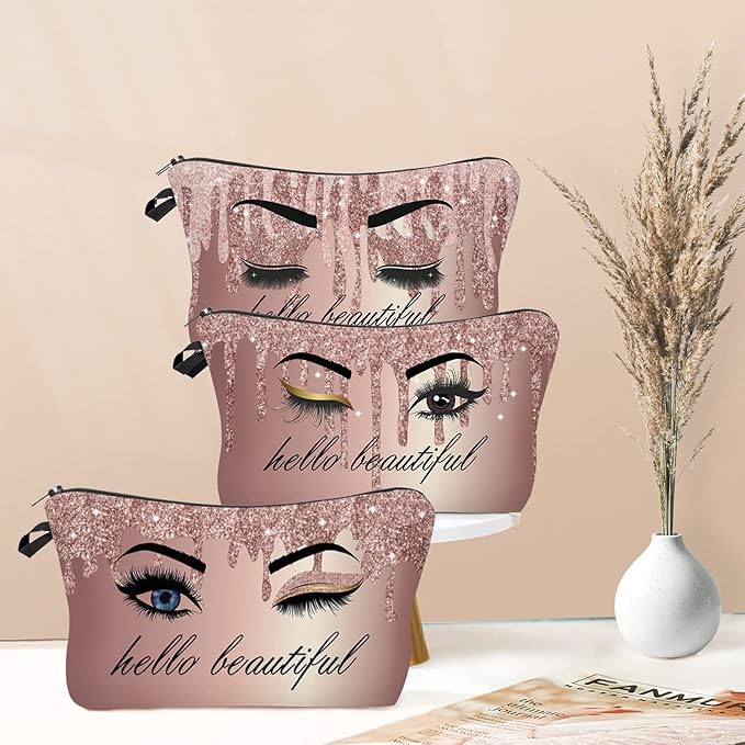 Hello Beautiful Makeup Bag for Purse Eyelash Pink Cosmetic Bags for Women Inspirational Gift Small Funny Cosmetics Glitters Eyeshadows Travel Bag Cases for Toiletries Accessories Organizer