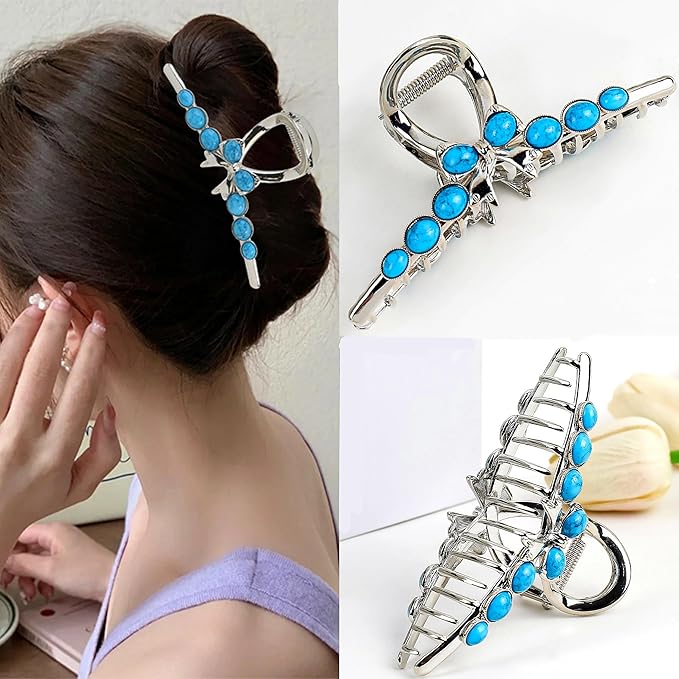 SINIDE Turquoise Blue Stone Hair Claw Clips, Large Metal Retro Bowknot Claw Clip for Women Strong Hold Non-Slip Catch Barrette Jaw Clamp for Long Thick Hair, Fashion Styling Accessories (2 Pack)