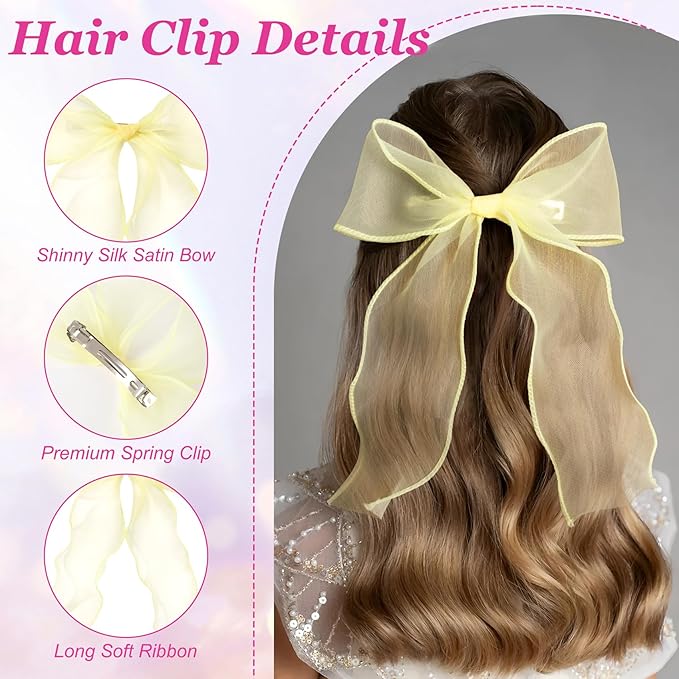 2Pcs Large Hair Bow Clips, Yellow Silk Lace Ribbon Bow for Women, Elegant Long Tail Bowknot French Hair Styling Barrette for Wedding, Parties, Daily Use