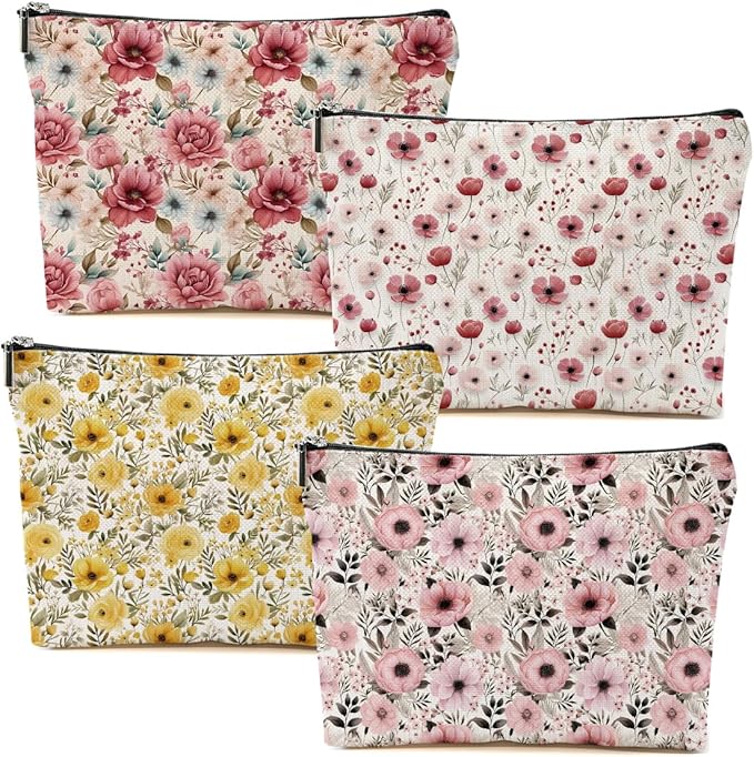 4 Packs Watercolor Pink Yellow Flowers Makeup Bag Floral Cosmetic Bag Friend Friendship Gifts for Women Girls Bestie Botanical Travel Organizer Zipper Pouch Christmas Thanksgiving Birthday Gifts