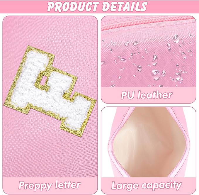 Initial Makeup Bag Personalized Preppy Travel Small Cosmetic Bag Cute PU Pink Chenille Letter Makeup Pouch for Purse Waterproof Zippered Toiletry Organizer for Women Girls Kids Friends (F)