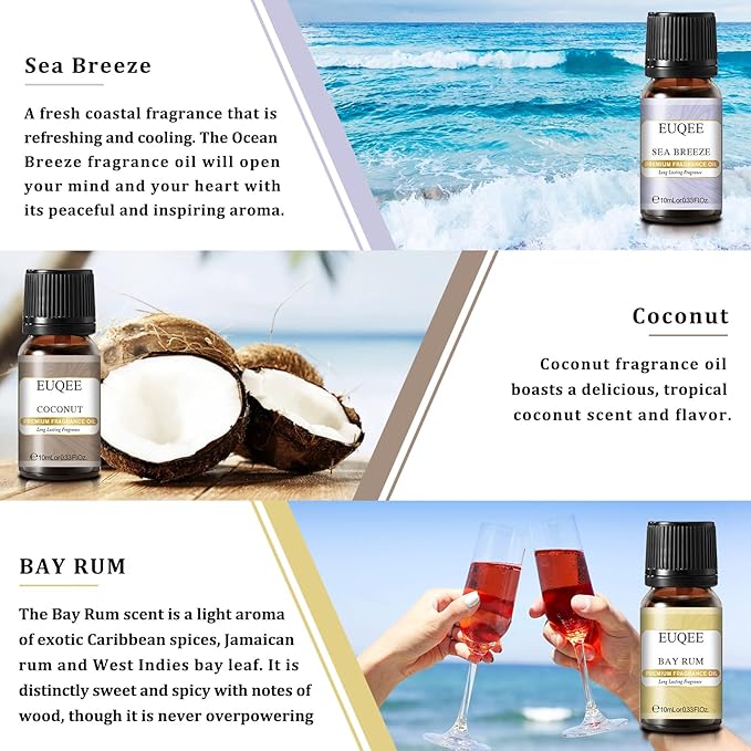 EUQEE Summer Fragrance Oil Gift Set of 6，Holiday Island Essential Oils Set for Humidifier, Aromarathepy-Pineapple, Coconut, Sea Breeze, Bubble Gum, Bay Rum, Marshmallow(10ml)