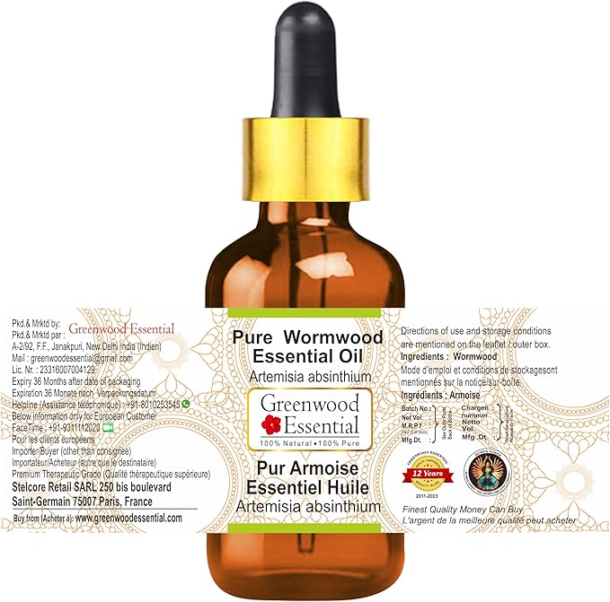 Greenwood Essential Wormwood Essential Oil (Artemisia Absinthium) with Glass Dropper | Pure | Non-Sticky | Non-Greasy | Lightweight | Men & Women | All Skin Types | Steam Distilled 30ml (1 oz)